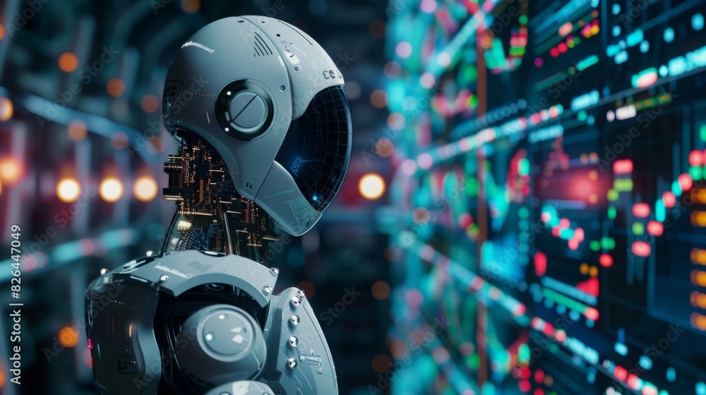 A robot is positioned in front of a solid wall, appearing to be stationary and observing its surroundings. A robot is positioned in front of a solid wall, appearing to be stationary and observing its surroundings.