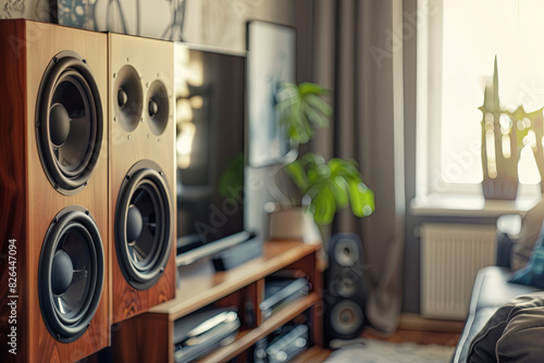 Panoramic detail view of speakers hanging on the wall
