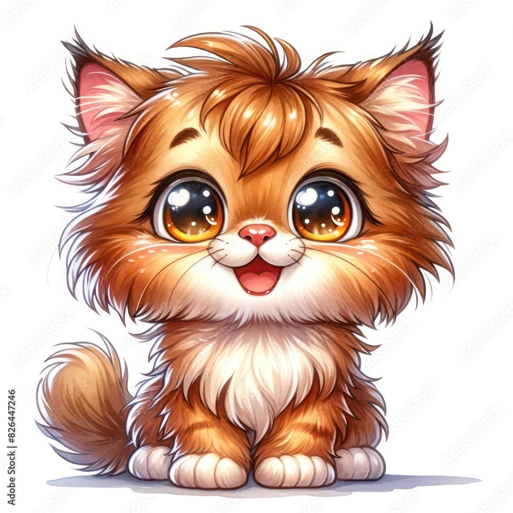  A cheerful, water-colored cartoon Highlander cat with big, expressive eyes that sparkle brightly. The cat has a lively expression, featuring a wide smile