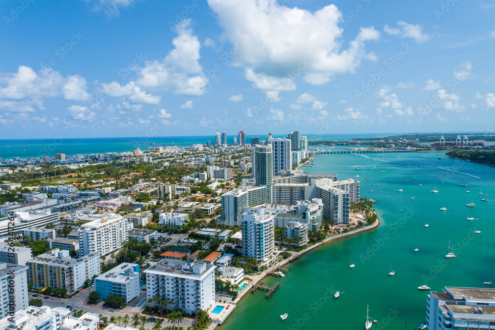 Aerial view of Miami Beach skyline over Biscayne Bay, Florida, United States. Aerial view of Miami Beach skyline over Biscayne Bay, Florida, United States.
