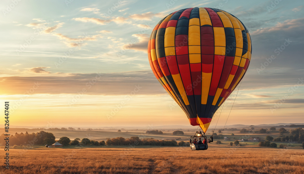 Obraz premium Hot air balloon. A colored hot air balloon flies over the meadows