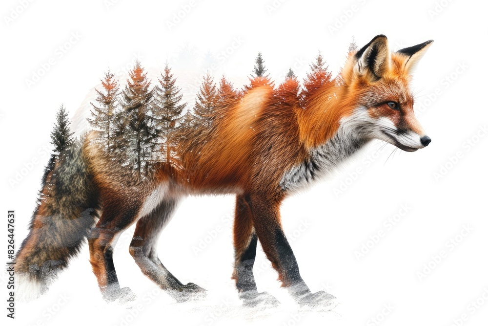 Fototapeta premium Majestic Fox Silhouette Merged with Forest Landscape Illustration
