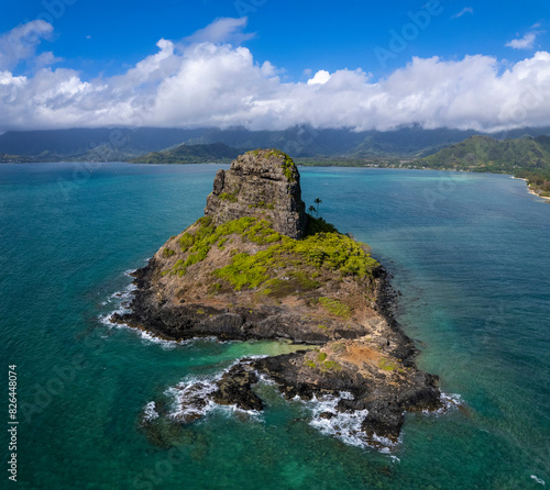 Aerial view of beautiful coastline and ocean in Kualoa, Oahu, United States. photo