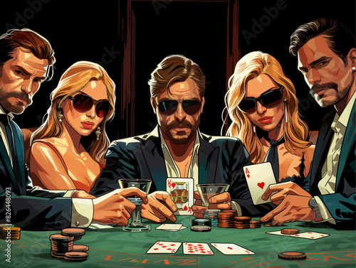 stylish group of men and women wearing sunglasses, playing poker with drinks and chips on the table. Generative ai vector illustration. Pop art comic book style imitation