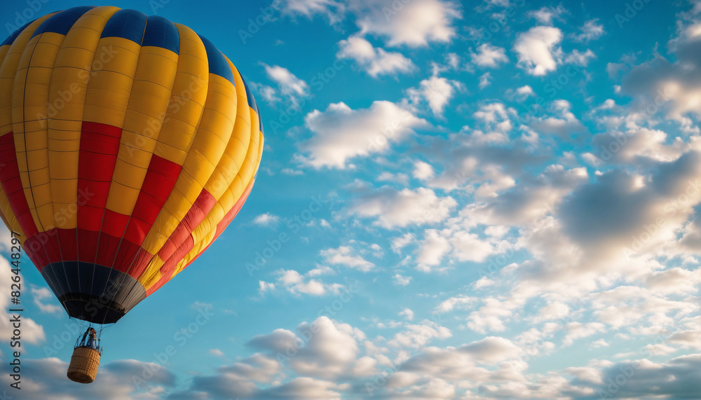 Fototapeta premium Hot air balloon. A colored hot air balloon flies through the clouds close-up