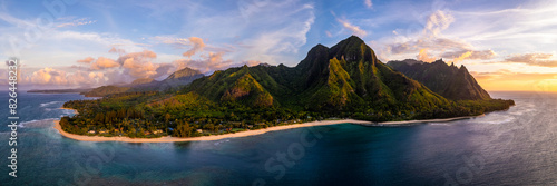 Aerial view of Tunnels Beach with stunning cliffs and coral reef, Kauai, United States. photo