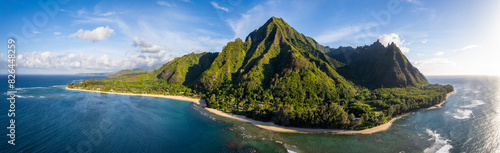 Aerial view of Tunnels Beach with sandy shores and coral reefs, Kauai, United States. photo
