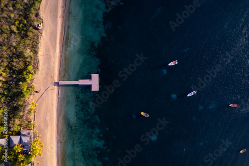 Aerial view of turquoise waters and sandy shore at Crocus Bay, Pelican Point, The Valley, Anguilla.