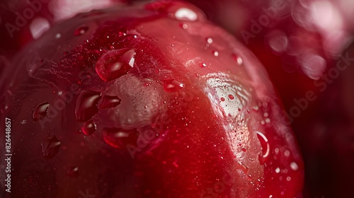 Close-up of a red cherry with water drops on its surface. The cherry is in focus, with a blurred background. photo