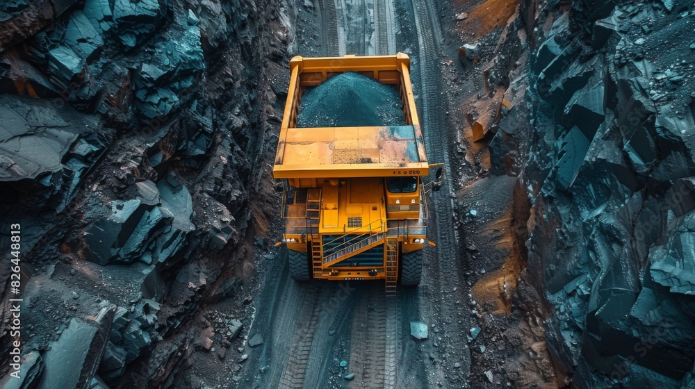 Open pit mine industry, big yellow mining truck for coal anthracite Open pit mine industry, big yellow mining truck for coal anthracite