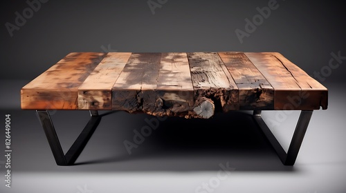 A reclaimed wood coffee table with metal legs photo