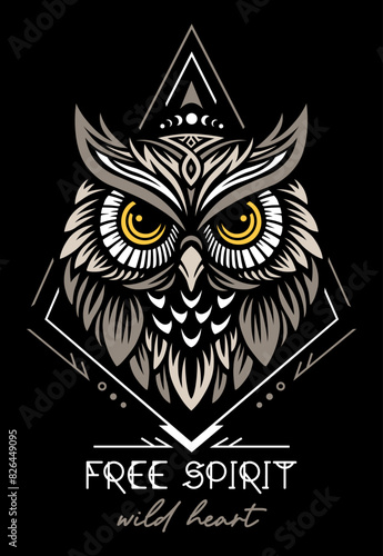 Owl head, vector totem spirit animal with quote: free spirit, wild heart , sacred animal design, power animal boho illustration.
