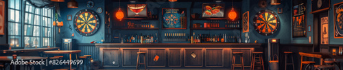 Warm and inviting pub interior featuring dartboards, wooden bar and ambient lighting perfect for social gatherings and relaxation. Generative ai vector illustration. Pop art comic book style imitation