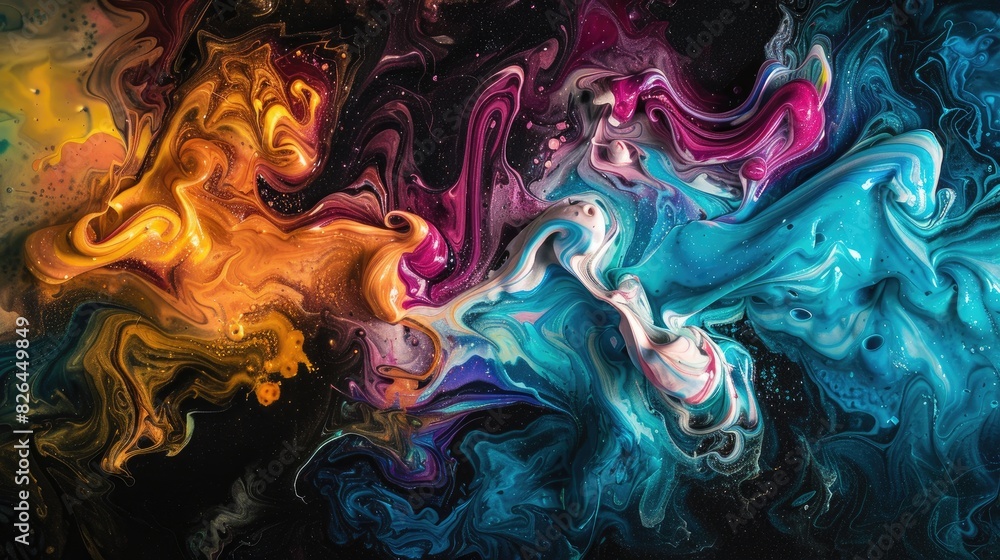 Abstract swirls of colorful paint contrasted against a rich black background, evoking artistic inspiration. Abstract swirls of colorful paint contrasted against a rich black background, evoking artistic inspiration.
