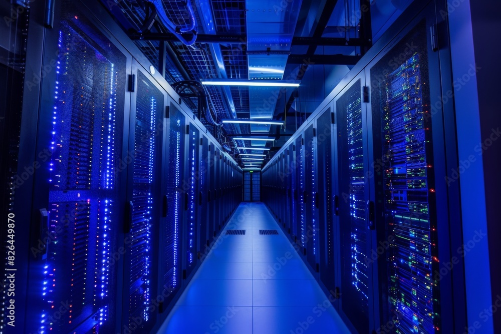 Rows of servers fill a long building hallway in a data center Rows of servers fill a long building hallway in a data center
