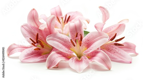 Pink lily flowers photographed up close on a white background