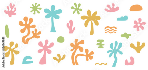 Set of groovy beach palm tree elements. Organic minimalistic coral shapes. Vector illustration background in trendy retro naive simple style.