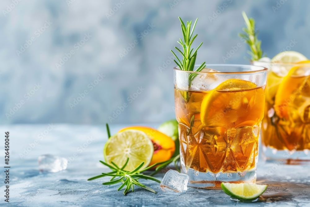 Peach cocktail and rosemary-lime iced tea on blue background with space for text, refreshing summer drinks with fizzy twist for copy and social media Peach cocktail and rosemary-lime iced tea on blue background with space for text, refreshing summer drinks with fizzy twist for copy and social media