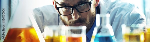 Chemist researcher conducting an experiment with colorful chemicals, lab setting, isolated on white background, professional, copy space, high resolution, scientific discovery