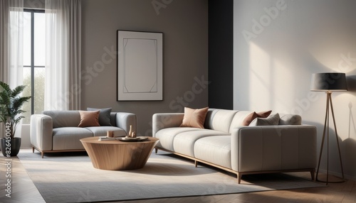 Elegant living room with modern minimalist design  featuring stylish furniture and warm natural lighting  ideal for contemporary home decor.