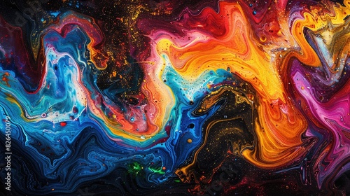 Abstract swirls of colorful paint contrasted against a rich black background, evoking artistic inspiration. photo