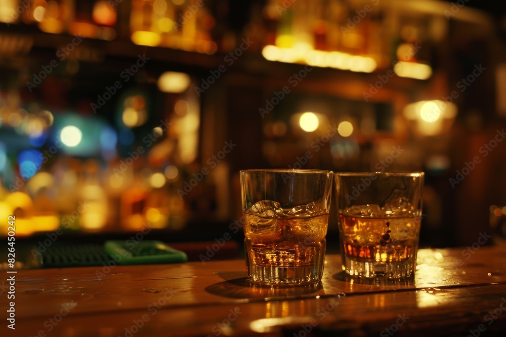 Two tumblers filled with golden bourbon rest on a wood counter, against a hazy backdrop of a jazz club