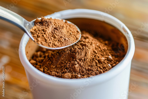 Closeup of mushroom coffee powder being poured into white cup