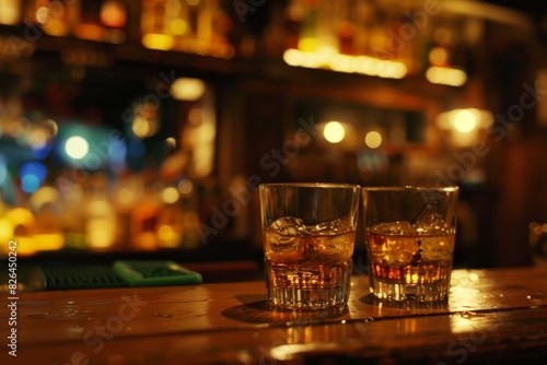 Two tumblers filled with golden bourbon rest on a wood counter, against a hazy backdrop of a jazz club