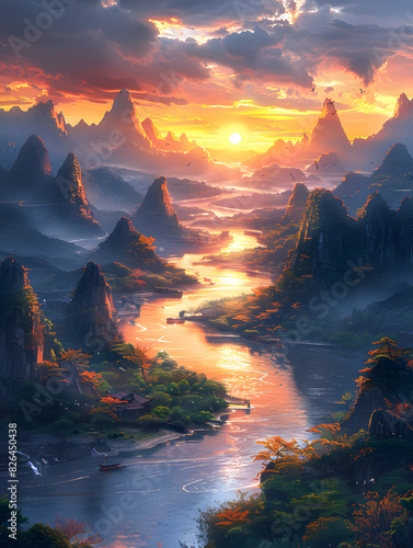 sunrise over the river Majestic mountains