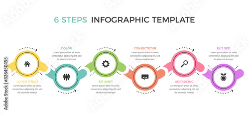 Row of six connected circles with icons and place for text, flat business infographic template, vector eps10 illustration