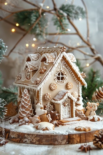 Enchanting Gingerbread House Amidst Sparkling Festive Decorations