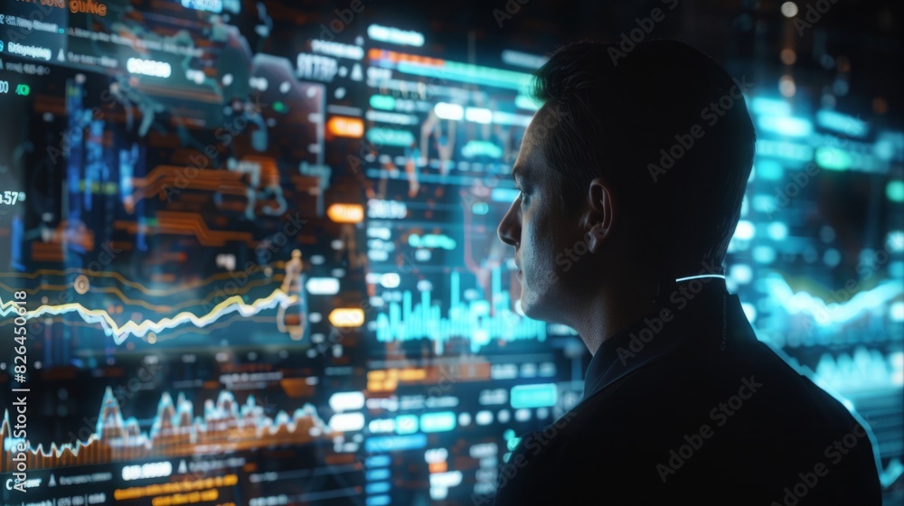 A man standing before a vast wall covered in data and information, analyzing and contemplating the displayed content. A man standing before a vast wall covered in data and information, analyzing and contemplating the displayed content.