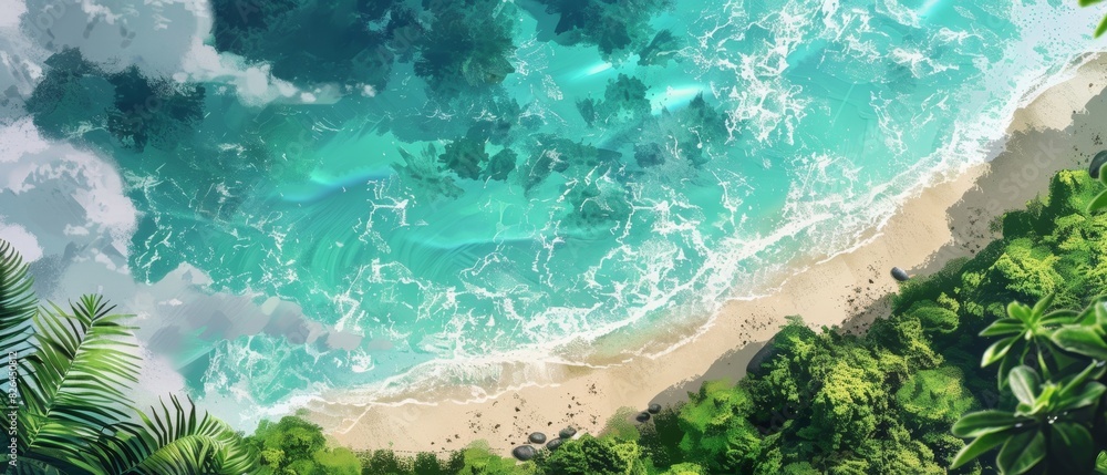 Obraz premium Stunning aerial view of a tropical beach with turquoise waters, lush greenery, and gentle waves crashing onto the sandy shore.