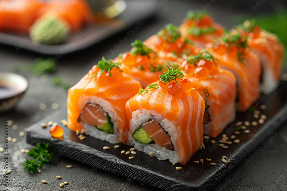 Sushi roll with salmon on the plate Sushi roll with salmon on the plate