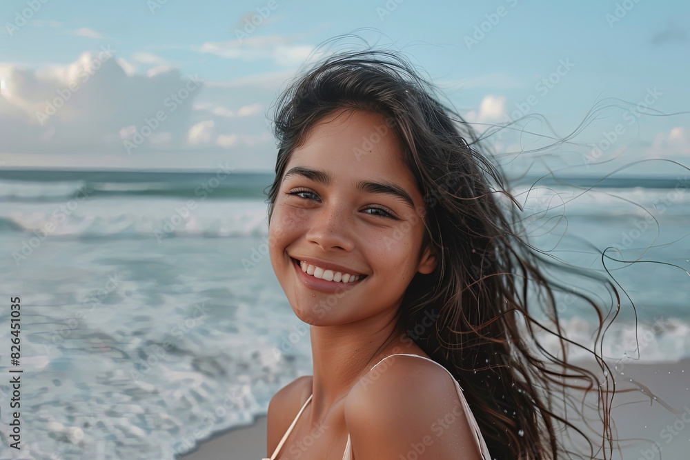 Portrait of young woman at sea looking at camera. Smiling latin hispanic girl standing at the beach with copy space and looking at camera. Happy mixed race girl in casual outfit with wind in her hair
Portrait of young woman at sea looking at camera. Smiling latin hispanic girl standing at the beach with copy space and looking at camera. Happy mixed race girl in casual outfit with wind in her hair