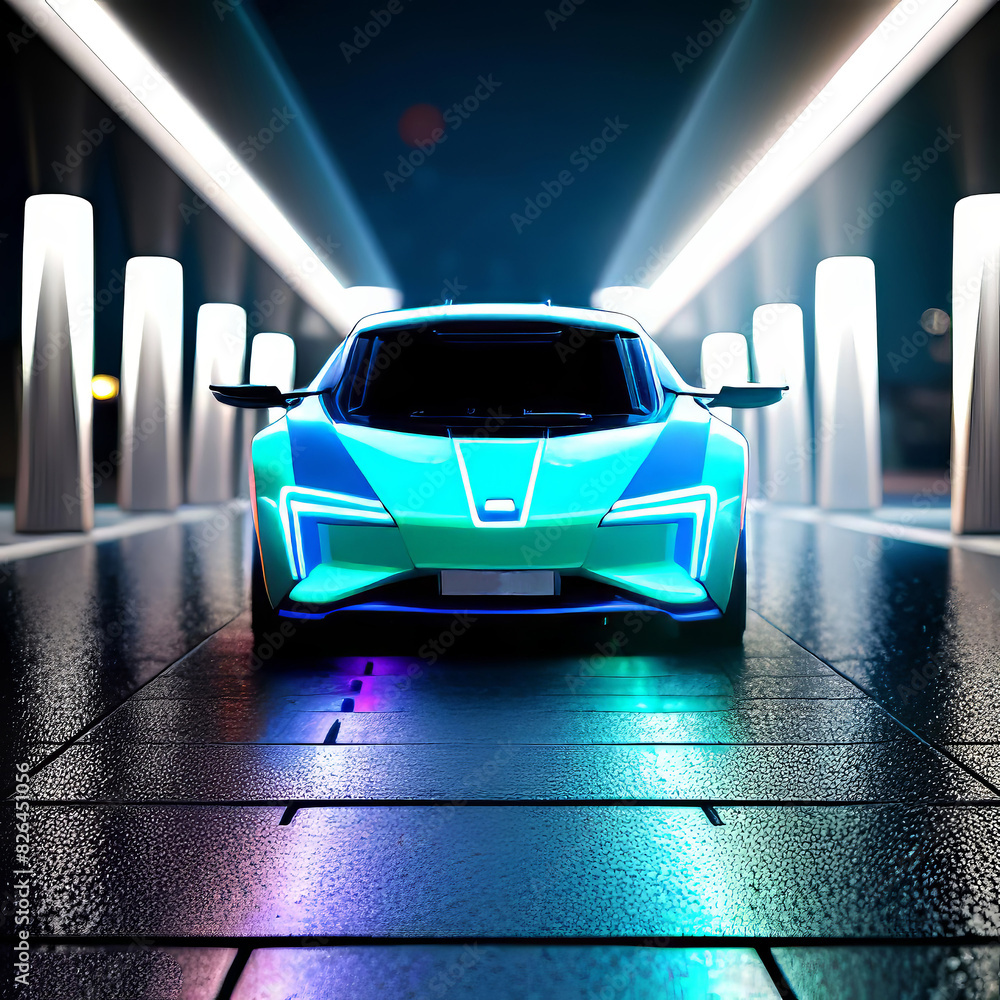 Naklejka premium concept of a futuristic electric car of the future on a night city street, modern electric car,