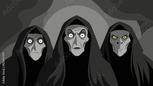 An eerie charcoal sketch of the three witches from Macbeth their twisted faces and dark robes hinting at the sinister events to come.. Vector illustration