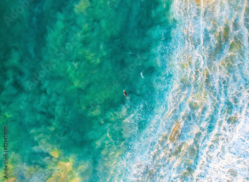 Aerial view of surfers at Fingal Head Beach, New South Wales, Australia. photo