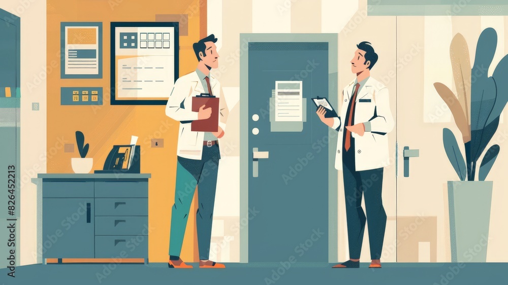 A 2D flat style probation officer character wearing business casual attire, holding a file and talking to a client. The background includes elements like a probation office and motivational posters. A 2D flat style probation officer character wearing business casual attire, holding a file and talking to a client. The background includes elements like a probation office and motivational posters.