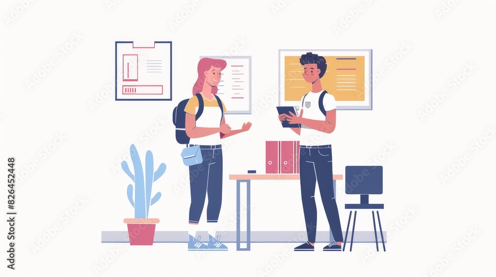 Obraz premium A flat design juvenile officer character in 2D flat style, depicted in business casual attire, holding a clipboard and talking to a young person. The background includes elements like an office