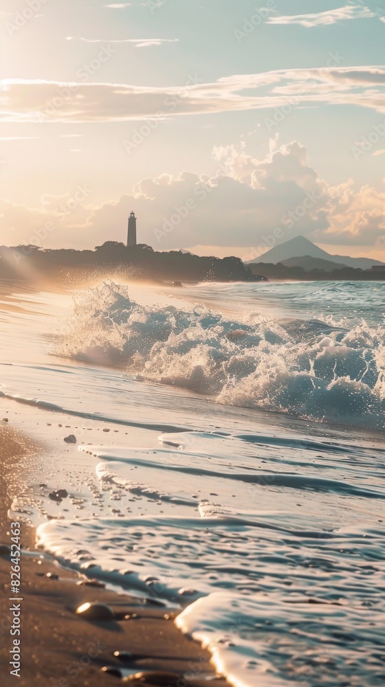 Naklejka premium Golden hour at coastal lighthouse scene