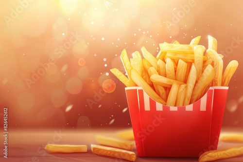 Closeup of golden french fries in a red takeout container against a blurred warm background with bokeh effect © anatolir