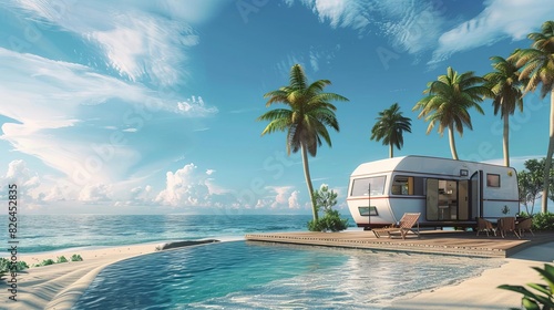 mobile home with private swimming pool parked on idyllic beach ocean view summer vacation concept 3d render © Bijac