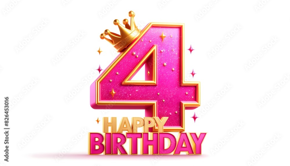 Glittery Pink and Yellow Number 4 with Golden Crown and Glittery Pink and Yellow Number 4 with Golden Crown and