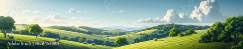 A picturesque landscape of rolling green hills with sheep grazing under a bright sky filled with fluffy clouds. Generative ai vector illustration. Pop art comic book style imitation