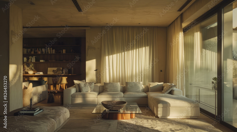 A cozy living room with a white sofa and thin white curtains, bathed in soft sunlight that creates a warm . This serene and minimalist space showcases modern, relaxing by AI generative.