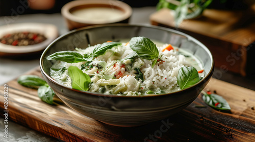 Thai Green Curry Delight  Ceramic Bowl Serving of Spicy Thai Cuisine     Exquisite Presentation of Flavorful Asian Dish