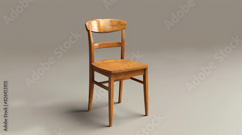 Retro wooden chair with a light brown wooden seat and back. The chair is placed in a spotlight on a beige background.