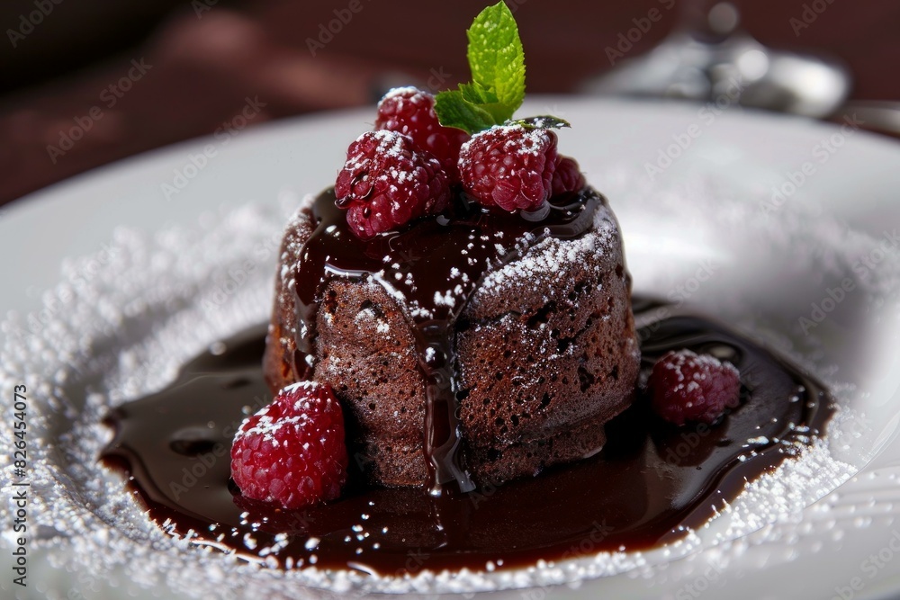 Gourmet molten chocolate cake garnished with juicy raspberries, mint, and dusted with icing sugar Gourmet molten chocolate cake garnished with juicy raspberries, mint, and dusted with icing sugar
