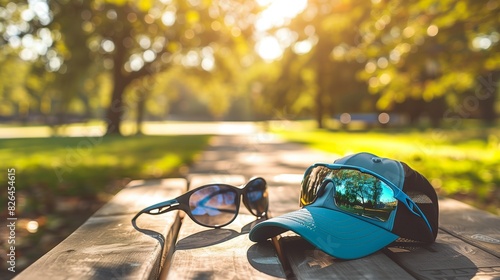 Two pairs of running sunglasses and hats on a park table with a running path in the background. photo